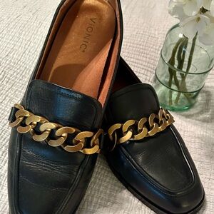 Vionic Women’s Black Leather Loafers with Bold Gold Accent